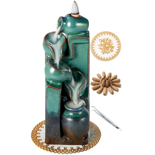 Unique Cascading Basins Ceramic Waterfall Incense Holder, Paired with a Pack of Backflow Incense Cones. (Blue) - color: Blue