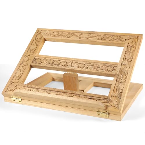DoubleFill Adjustable Wooden Bible Stand Carved Bible Holder Missal Stand Book Display for Reading Folding Religious Prayer Wooden Holy Book Holder 12.99 x 10.04 Inches (Light Brown) - color: Light Brown