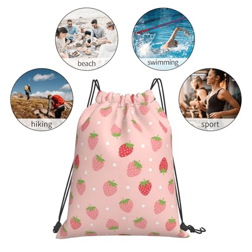 Unisex Polyester Drawstring Bag Cute Pink Strawberry Polka Dot, Large Capacity Gym Sack for Swimming and Beach Activities - color: Pattern (373)