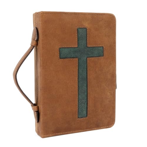 ELIZO Leather Bible Cover Bible Case for Men Women Genuine Leather Bible Bag Holder Cross Large Carrying with Zipper Case Protector Christian Religious Gifts for Mens Pioneer (Saddle/Green, Small) - color: Saddle & Green, size: Small