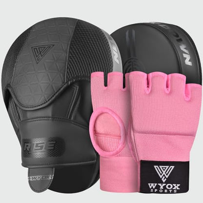 WYOX Boxing Hand Wraps Inner Gloves & Curved Focus Mitts Bundle for Men & Women Adults – 80cm Wrist Support, Gel Padding, MMA Muay Thai Kickboxing Training Gloves & Pads
