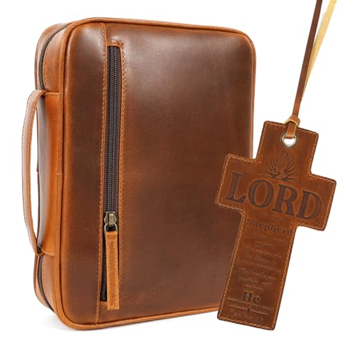 ELIZO Leather Bible Cover for Men Bible Case Women Holder Carrying Organizer Wrap Sleeve Protector Christian Religious Gift Cross Bookmark – Study Cognac - color: Cognac, size: Study