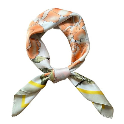 FONYVE Silk Feeling Scarf Medium Square Satin Head Scarf for Women 27.5 × 27.5 inches - color: 03 Orange & Greyish-green Floral