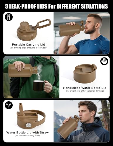 Tactical Half Gallon Water Bottle with Straw, 64 Oz Insulated Water Jug with Molle Water Bottle Holder, Stainless Steel Sport Bottle with 3 BPA Free Lids for Gym Workout Hiking (64oz-Brown) - color: 64oz-Brown