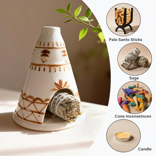 MOUGIGI Handcrafted Palo Santo Holder Ceramic Chimney Incense Burner - Tent Shape - Safe for Palo Santo Sticks Sage & Incense Cones for Meditation Yoga Zen Altar Aromatherapy - Thoughtful Gift Idea - color: Tent Palo Santo Holder