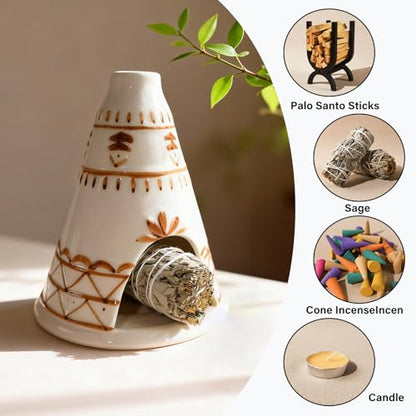 MOUGIGI Handcrafted Palo Santo Holder Ceramic Chimney Incense Burner - Tent Shape - Safe for Palo Santo Sticks Sage & Incense Cones for Meditation Yoga Zen Altar Aromatherapy - Thoughtful Gift Idea - color: Tent Palo Santo Holder