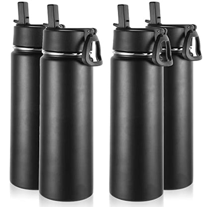 Volhoply Insulated Water Bottles with Straw Bulk 4 Pack, 22 oz Stainless Steel Sports Bottle with Handle Lid,Double Walled Vacuum Metal Travel Water Cups with Wide Mouth for Cold Drink(Black,4 Set) - color: Black