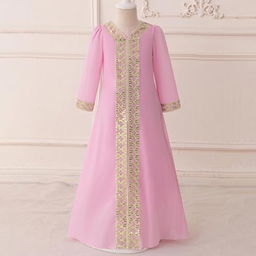 Toddler Girls Muslim Abaya Dress Islamic Dubai Modest Lace Belted Dress Abayas Kaftan Eid Prayer Clothes Arabian Maxi Robe - color: Pink-c, size: 4-5T