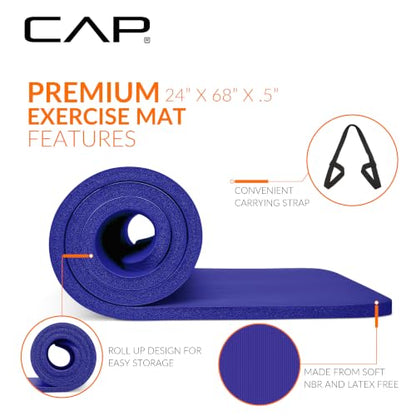 CAP Barbell 1/2-Inch High Density Exercise Yoga Mat with Strap | Multiple Options - color: Blue, style: Yoga Mat