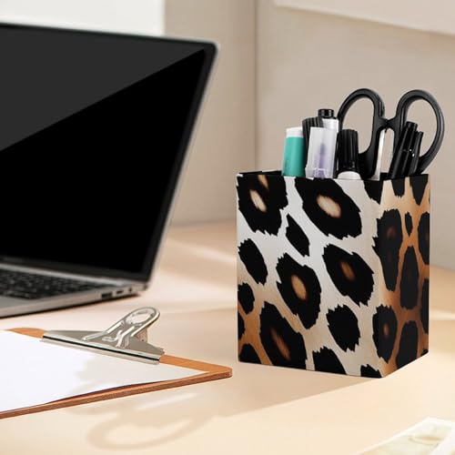 Pen Holder Leather Pencil Holder for Desk Leopard Print Desktop Stationery Pen Cup Desk Accessories Holder Makeup Brush Storage Organizer for Work Home Art Supply 3.9" X 3.1" - color: Leopard Print