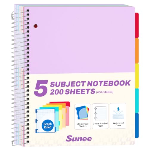SUNEE 5 Subject Notebook College Ruled - 400 Pages, 9"x11", 5 Pocket Colored Dividers, 3-Hole Punched Paper, Purple - color: Purple, style: College Ruled