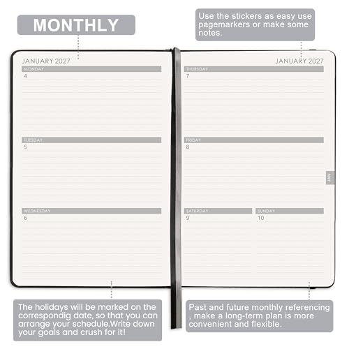 Planner 2026-2027 - Jul. 2026 - June. 2027, 2026-2027 Planner, 12-Months 26-27 Planners Weekly and Monthly, 5.75" x 8.25", Saffiano Leather with Thick Paper, Back Pocket with Notes Pages - color: Dark Black C