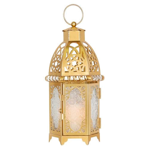 Moroccan Lanterns Decorative Indoor & Outdoor, 12.8’’ Medium Size Golden Metal Hanging&Tabletop Candle Holder Decor, Halloween Christmas Ramadan Decorations for Home Porch Patio (Golden) - color: Golden - 11''h, size: Large