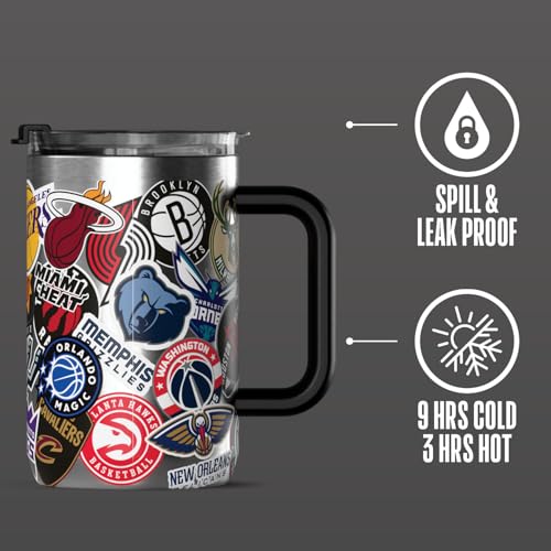Hydrapeak NBA Officially Licensed All-Team Sticker Print 18oz Insulated Coffee & Tea Mug with Flip Sip Lid & Handle, Stainless Steel Travel Mug for Hot & Cold Drinks - color: NBA Current, size: 18 Ounces