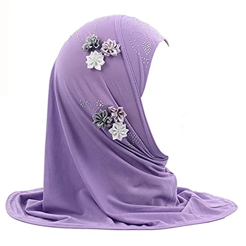 Girls Muslim Hijab Floral Lace Head Scarf Kids Islamic Arab Scarf Shawls Head Wrap with Flowers - color: Purple (6 Flowers)
