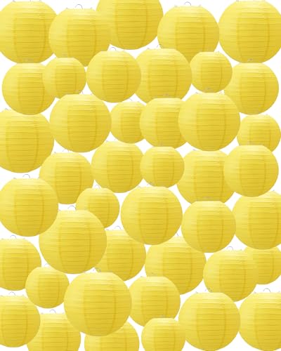 Treela 48 Pcs Paper Lanterns Party Decorations Chinese Lanterns Round Paper Decor 4/6/8/10 Inch Asian Hanging Lamps Decorative for Graduate Wedding Birthday Bridal Party Supplies(Yellow) - color: Yellow
