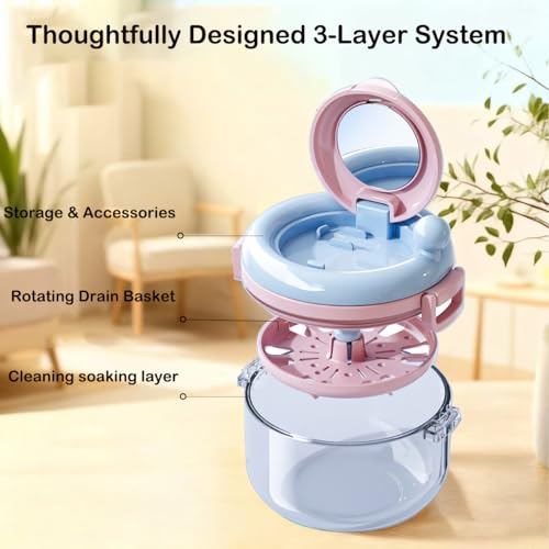 Denture Bath Cup，Retainer Cleaner Case Box,Night Mouth Guard Case Holder,Storage Soak Container with Drain Tray for Travel Cleaning with Mirror and Brush (Pink&Blue) - color: Pink&Blue