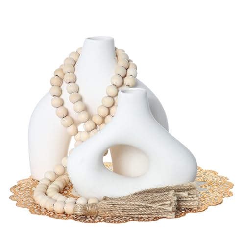 4 Pcs Rustic Country Tabletop Centerpieces Set of 2 Boho Ceramic Flower Vases Wooden Beads Garland and Gold Round Placemats for Farmhouse, Boho Home Coffee Table Decor(White) - color: White