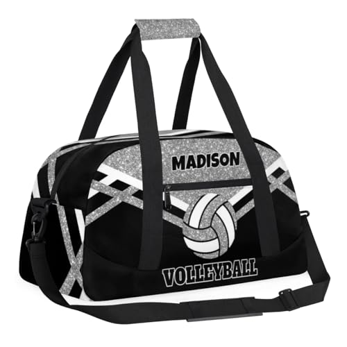 Custom Name Sports Volleyball Duffel Bag, Silver Black Glitters Personalized Sport Gym Duffel Cheerleading Bag Travel Weekender Tote Carry-On Bag - color: Silver Black
