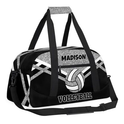Custom Name Sports Volleyball Duffel Bag, Silver Black Glitters Personalized Sport Gym Duffel Cheerleading Bag Travel Weekender Tote Carry-On Bag - color: Silver Black