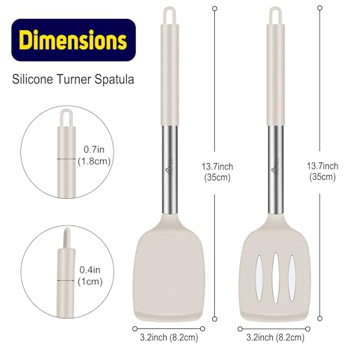 HOTEC Silicone Spatula Set of 2 Heat-Resistant 600°F & BPA-Free Kitchen SaptulaTurner with Stainless Steel Handles, Slotted & Solid Spatulas for Nonstick Cookware, 13.7 Inch, Khaki - color: Khaki