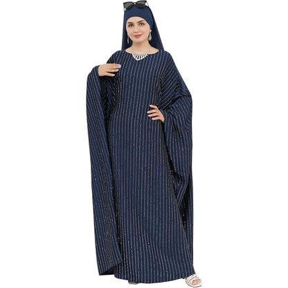 Muslim Abaya Dress 1Piece Bat Sleeve Kaftan Robe Women Islamic Maxi Dress Rhinestone Jilbab Eid Shiny Abaya(No scarf) - color: Navy I