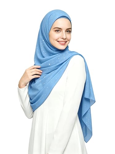 Lina & Lily Sparkle Shimmer Gold Glitter Women's Chiffon Hijab Head Scarf Shawl Wrap Lightweight - color: Azure Blue