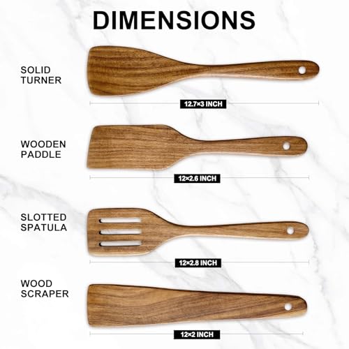 Best Non Toxic Wooden Spatula for Cooking Utensil Set Acacia Wood Spatula Set of 4, Bamboo Cooking Spoon Flat Slotted Turner Spatulas for Kitchen Use Cast Iron Scraper Spurtle Thin Egg Flipper Spatula - color: 4Pcs-Spatula