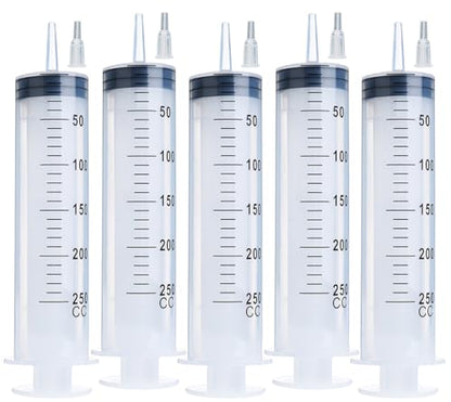 5pcs 250ml Large Syringe with Cap, Individually Sterile Sealed Plastic Syringes with Measurement for Your Scientific Labs, Measuring Liquids, Feed Pets, Oil or Glue Applicator - size: 250 ml