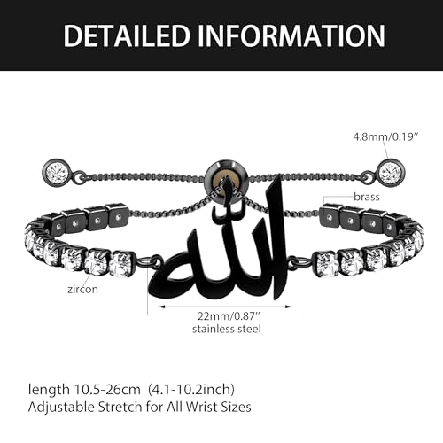 Allah Bracelet for Men and Women, Zircon Tennis Chain Adjustable Low Sensitivity Islamic True God Jewelry for Husband Wife Mom Dad's Religious Belief Gift - color: black