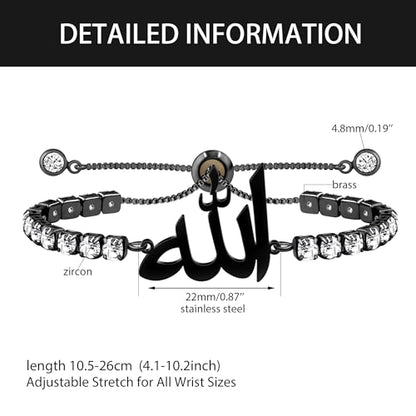 Allah Bracelet for Men and Women, Zircon Tennis Chain Adjustable Low Sensitivity Islamic True God Jewelry for Husband Wife Mom Dad's Religious Belief Gift - color: black