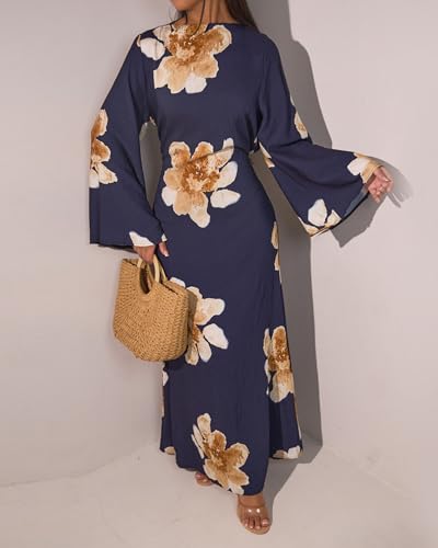 Women Butterfly Abaya Elegant Prayer Dress with Bell Sleeve, Waist Tie, Stylish Floral Printed Maxi Robe - color: Navy, size: Medium