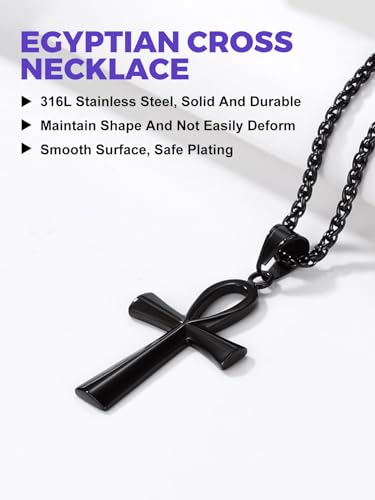 Richsteel Stainless Steel/Gold/Black Plated Ankh Cross Pendant Necklace for Men Women with Wheat Chain Religious Jewelry(with Gift Box) - color: 03-Black Ankh
