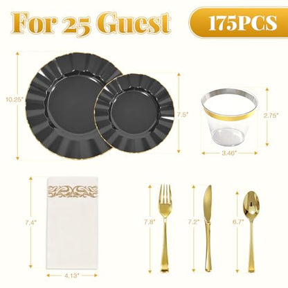 Glowserve 175 Piece Disposable Plastic Plates Dinnerware Set for 25 Guests - color: Black