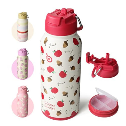 BOTTLE BOTTLE 32oz Insulated Water Bottle with Pill Box | Stainless Steel,Sport Water Bottle, with Straw Dual-use Lid and Pill Box, Design for Gym - color: berry