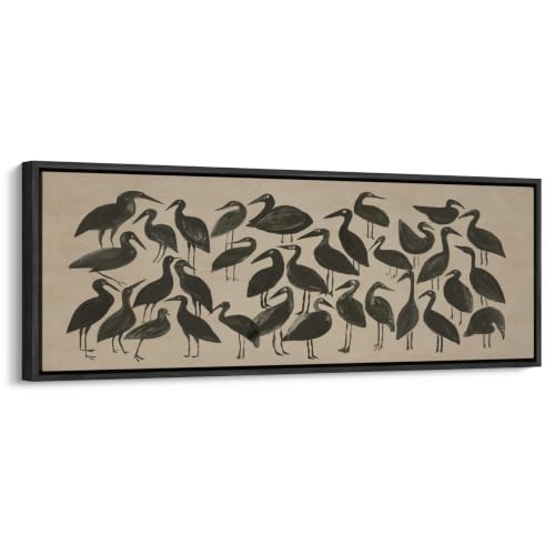 wall26 Large Framed Wall Art Canvas Print - Vintage Black Birds Animal - Contemporary Artwork for Living Room Bedroom Office - 60"x20" Black - color: A10-2608-M27, size: 60"L x 20"W, style: Black Frame