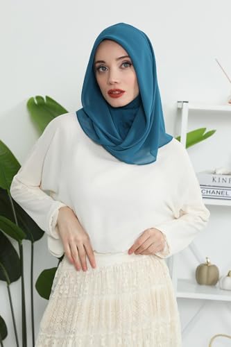 Aisha's Design Pre-tied Cotton-Chiffon Scarf for Women Practical Veil Instant Scarf Hijab Stylish Design - color: Petrol