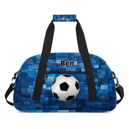 Personalized Sports Bag for Boys, Soccer Blue Geometric Pattern | Personalized Named Practice Travel Overnight Training Bag - color: Color 19