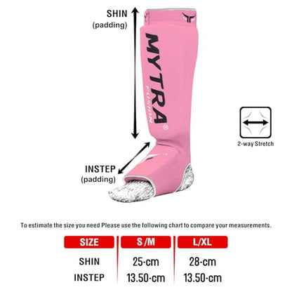 Mytra Fusion Shin Pads Instep Protector Kick Boxing Muay Thai Training Elasticated shin Guards - color: Pink, size: Large-X-Large