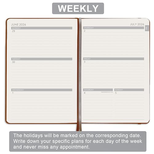 2026-2027 Planner - Academic Planner 2026-2027 Weekly & Monthly, July 2026 - June 2027, 5.75" x 8.25", Saffiano Leather with Thick Paper, Back Pocket with Notes Pages - Brown - color: Brown
