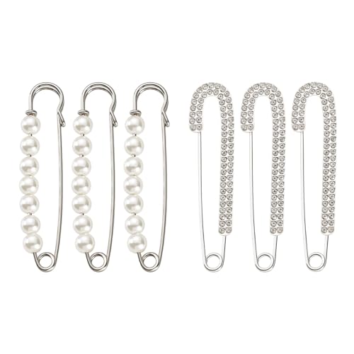6 Pcs Pearl & Rhinestone Safety Pin Brooches, Decorative Sweater Shawl Pins for Skirts, Scarves, Hijabs, Lapel Hats, Suit Jackets, Clothing Accessories (3 Pearl Pins + 3 Rhinestone Pins)