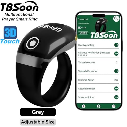 Lightweight Tasbih Smart Ring, Tasbeeh Counters,Prayer Direction Indicator Guide,5 Azan Alarm Clock,Forgiveness,Electronic Rosary,Eid al-Fitr Eid al-Adha Ramadan Gift for men women-Grey Pro with APP - style: Grey Pro