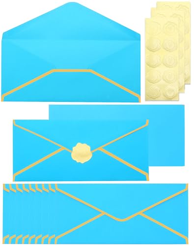 Business Envelopes with Gold Border 30 Pack #10 Envelopes Made of 150gsm Paper, Standard Envelopes with Gold Stickers for Office, Checks, Letter Mailing,9.45 x 4.13 Inches(Lake blue) - color: Lake blue