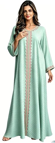 Women Muslim Abaya Dress V Neck Embroidered Kaftan Long Sleeve Loose Islamic Maxi Prayer Robe for Ramadan Eid - color: Green, size: Small