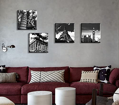 JiazuGo Black and White Building Wall Art for Living Room Contemporary European Famous Architecture Leaning Tower of Pisa Eiffel Parthenon London Elizabeth City Big Ben Canvas Pictures Paintings - color: Famous Buildings