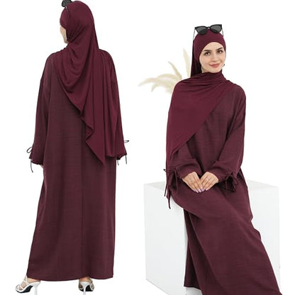 Women 1PC Abaya Dress Simple Kaftan Eid Dress for Women Muslim Casual Robe Fashion Jilbab Dubai Travel Outfits - color: Wine, size: Medium