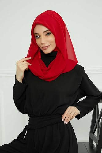 Aisha's Design Pre-tied Cotton-Chiffon Scarf for Women Practical Veil Instant Scarf Hijab Stylish Design - color: Red