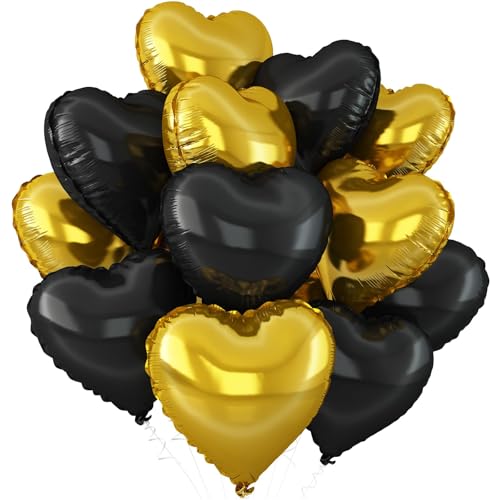 Black Gold Heart Foil Balloons,12Pcs 18Inch Heart Shaped Balloons - color: Black Gold