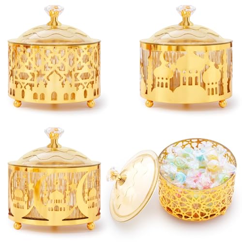 4 Pcs Eid Mubarak Plates with Lids Metal Gold Moon Castle Star Arabesque Ramadan Serving Tray, Food Container for Cookie Candy Pastry Dessert, Ramadan Decorations Table Display Set