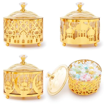 4 Pcs Eid Mubarak Plates with Lids Metal Gold Moon Castle Star Arabesque Ramadan Serving Tray, Food Container for Cookie Candy Pastry Dessert, Ramadan Decorations Table Display Set